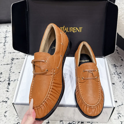 YSL 26S LOAFERS IN CAMEL BROWN CALFSKIN WITH HORIZONTAL STRAP