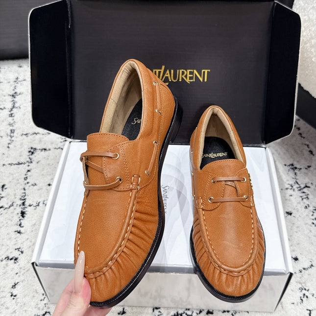 YSL 26S LOAFERS IN CAMEL BROWN CALFSKIN WITH HORIZONTAL STRAP