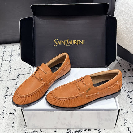 YSL 26S LOAFERS IN CAMEL BROWN CALFSKIN WITH HORIZONTAL STRAP
