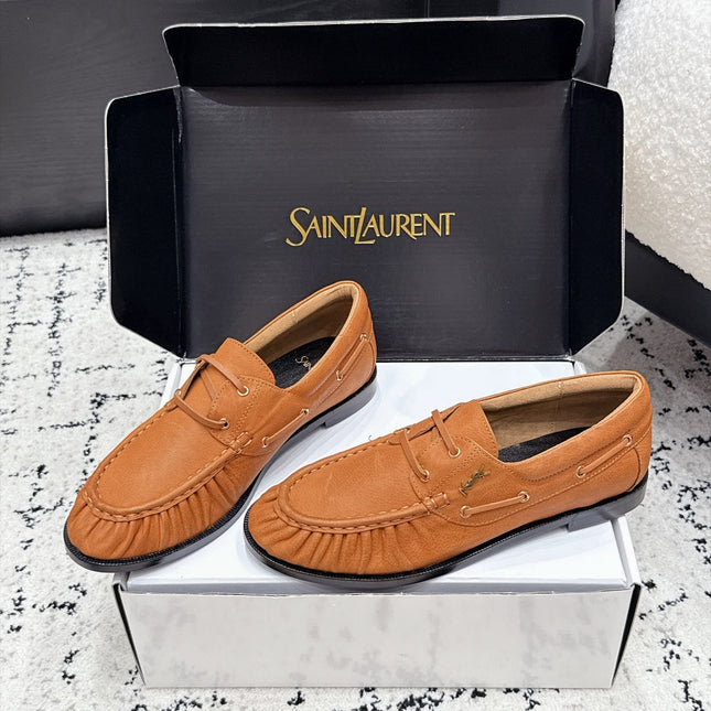 YSL 26S LOAFERS IN CAMEL BROWN CALFSKIN WITH HORIZONTAL STRAP