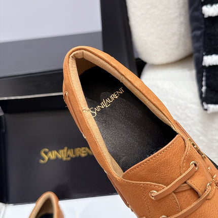 YSL 26S LOAFERS IN CAMEL BROWN CALFSKIN WITH HORIZONTAL STRAP