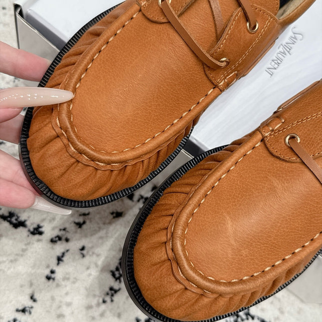YSL 26S LOAFERS IN CAMEL BROWN CALFSKIN WITH HORIZONTAL STRAP