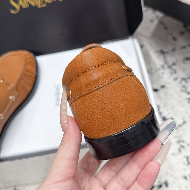YSL 26S LOAFERS IN CAMEL BROWN CALFSKIN WITH HORIZONTAL STRAP