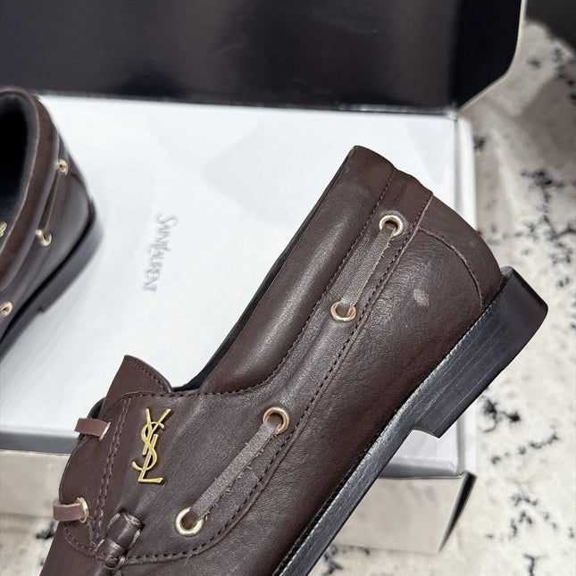 YSL 26S LOAFERS IN DARK BROWN CALFSKIN WITH HORIZONTAL STRAP