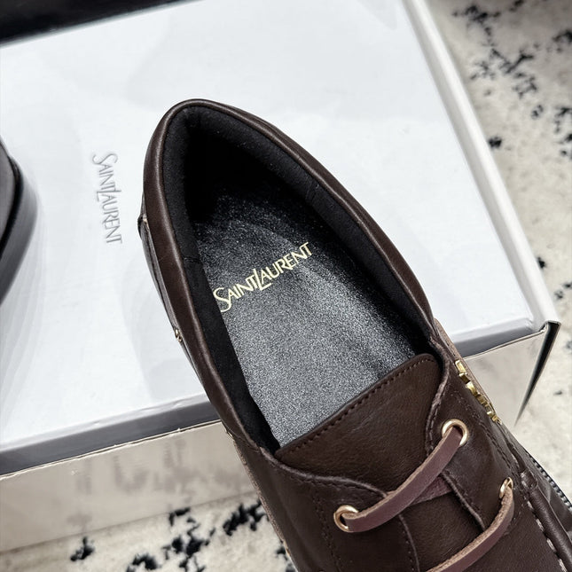 YSL 26S LOAFERS IN DARK BROWN CALFSKIN WITH HORIZONTAL STRAP