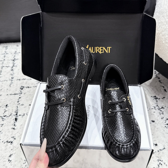 YSL 26S LOAFERS IN BLACK CALFSKIN WITH SNAKESKIN EMBOSSING