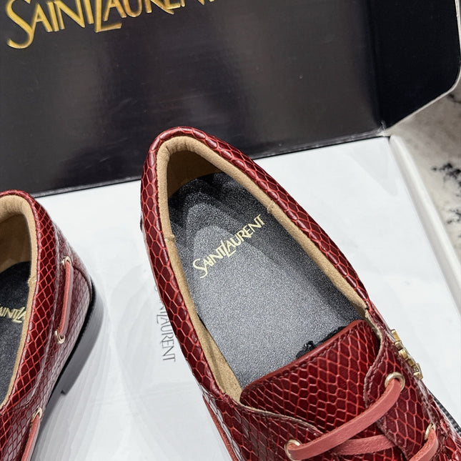 YSL 26S LOAFERS IN DARK RED CALFSKIN WITH SNAKESKIN EMBOSSING