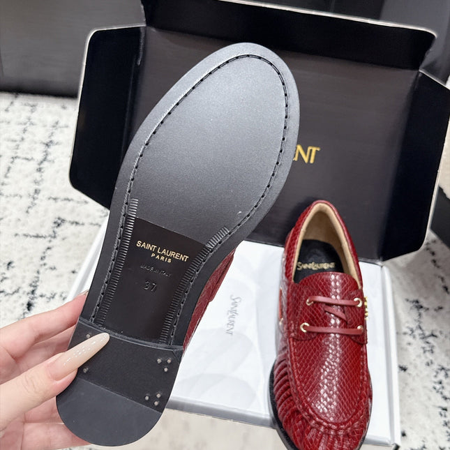 YSL 26S LOAFERS IN DARK RED CALFSKIN WITH SNAKESKIN EMBOSSING