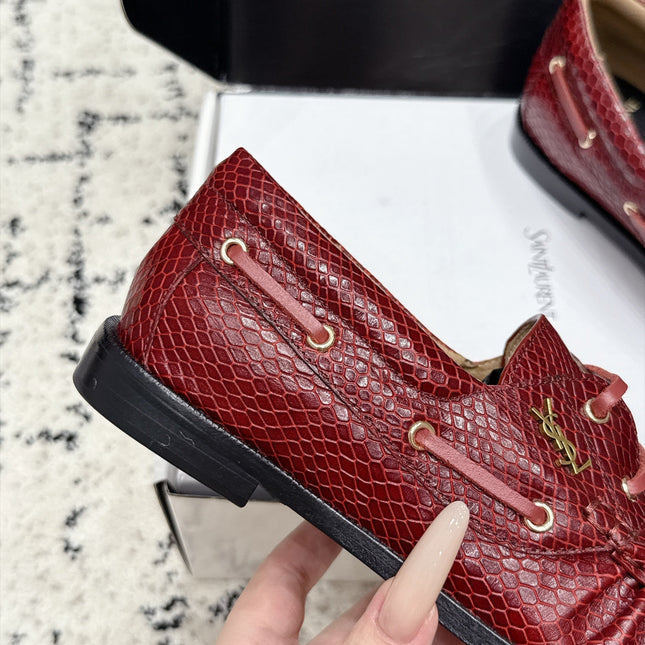 YSL 26S LOAFERS IN DARK RED CALFSKIN WITH SNAKESKIN EMBOSSING