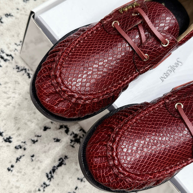 YSL 26S LOAFERS IN DARK RED CALFSKIN WITH SNAKESKIN EMBOSSING