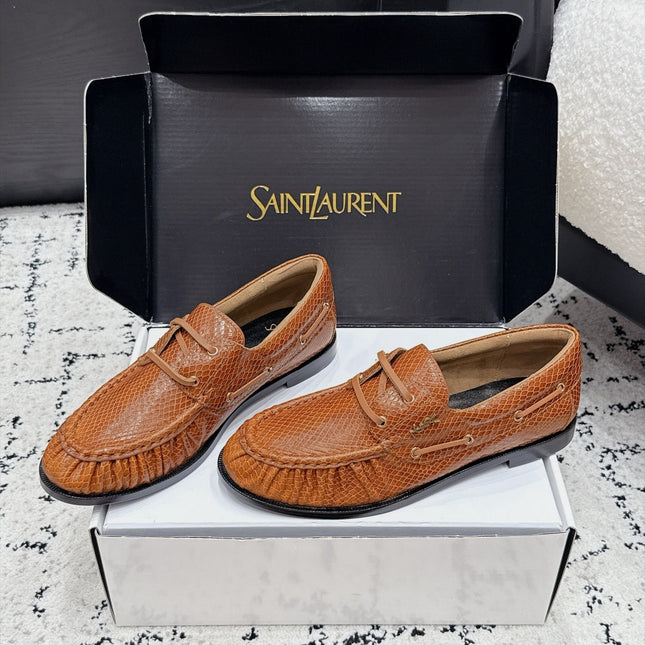 YSL 26S LOAFERS IN CAMEL BROWN CALFSKIN WITH SNAKESKIN EMBOSSING