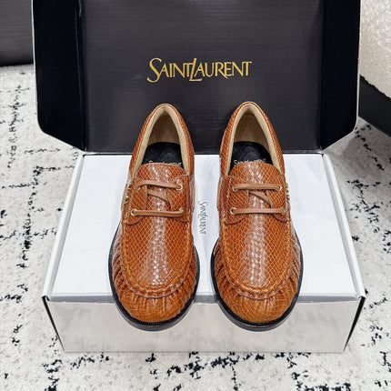 YSL 26S LOAFERS IN CAMEL BROWN CALFSKIN WITH SNAKESKIN EMBOSSING