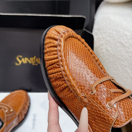 YSL 26S LOAFERS IN CAMEL BROWN CALFSKIN WITH SNAKESKIN EMBOSSING