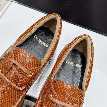 YSL 26S LOAFERS IN CAMEL BROWN CALFSKIN WITH SNAKESKIN EMBOSSING