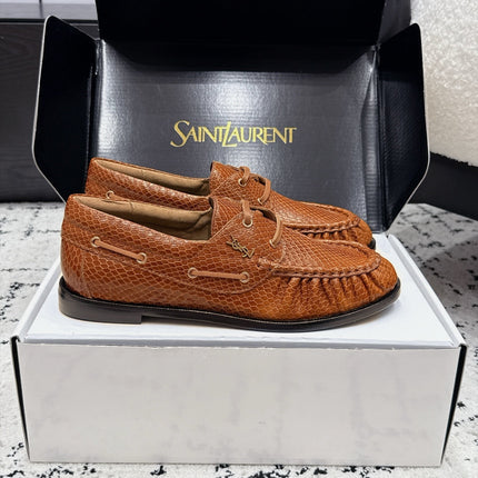 YSL 26S LOAFERS IN CAMEL BROWN CALFSKIN WITH SNAKESKIN EMBOSSING