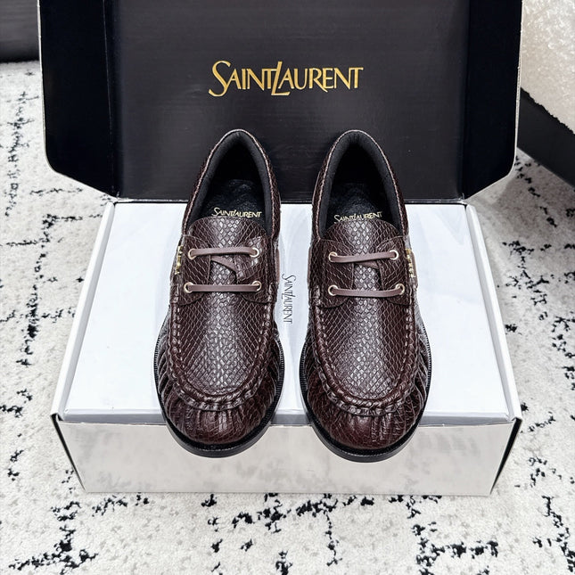 YSL 26S LOAFERS IN DARK BROWN CALFSKIN WITH SNAKESKIN EMBOSSING