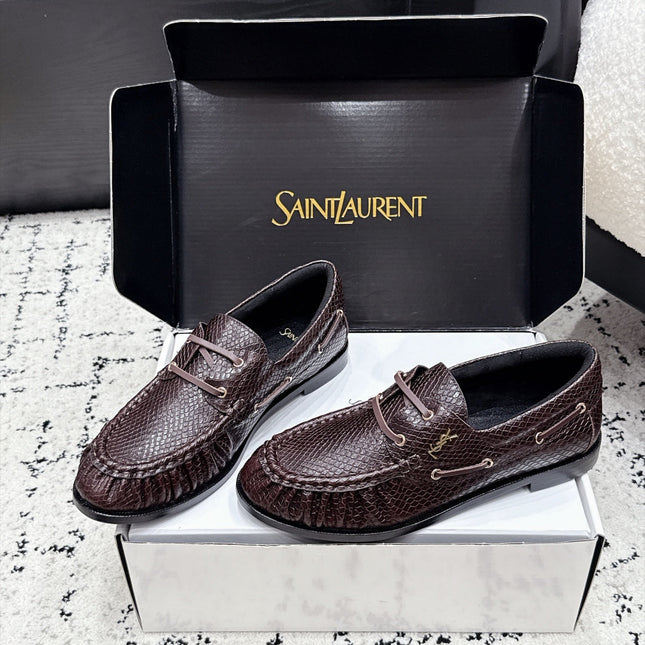 YSL 26S LOAFERS IN DARK BROWN CALFSKIN WITH SNAKESKIN EMBOSSING