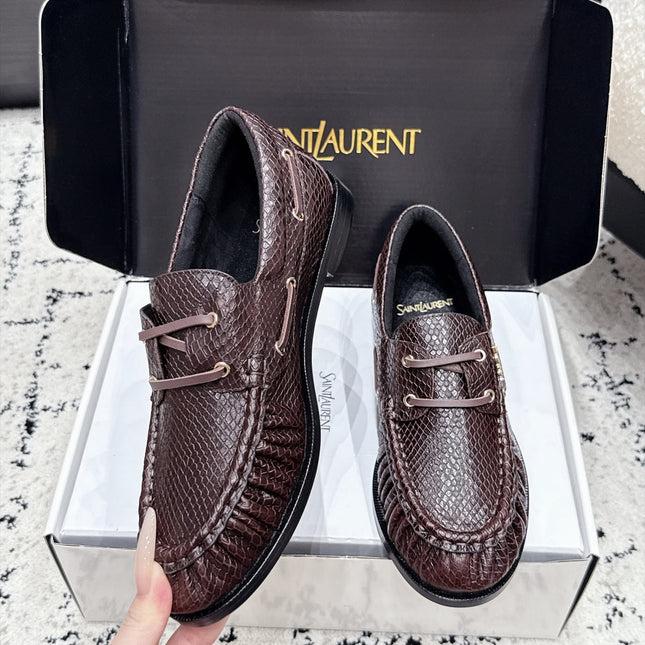 YSL 26S LOAFERS IN DARK BROWN CALFSKIN WITH SNAKESKIN EMBOSSING