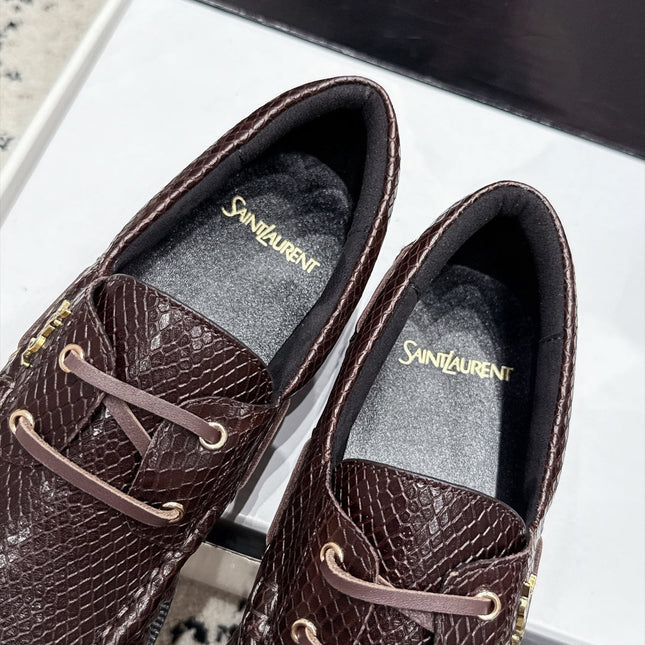 YSL 26S LOAFERS IN DARK BROWN CALFSKIN WITH SNAKESKIN EMBOSSING