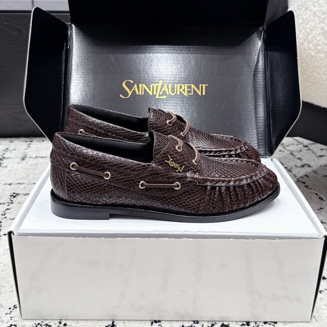 YSL 26S LOAFERS IN DARK BROWN CALFSKIN WITH SNAKESKIN EMBOSSING