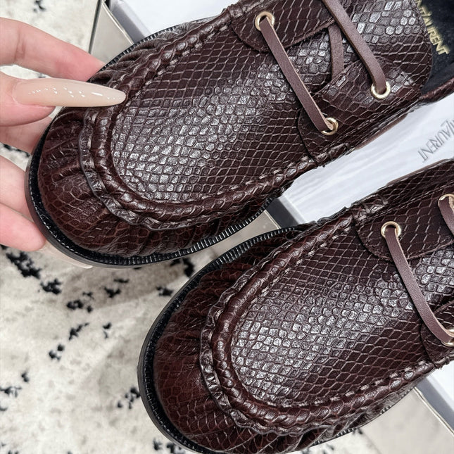 YSL 26S LOAFERS IN DARK BROWN CALFSKIN WITH SNAKESKIN EMBOSSING