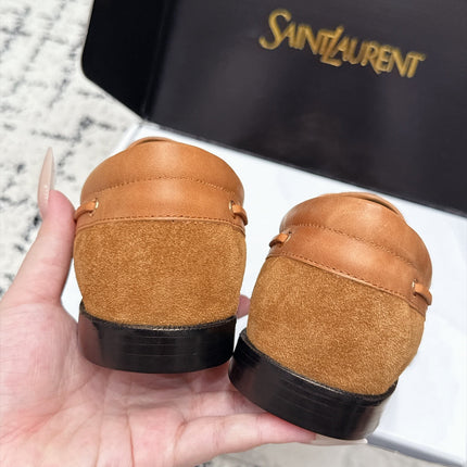 YSL 26S LOAFERS IN CAMEL SUEDE & CALFSKIN WITH HORIZONTAL STRAP