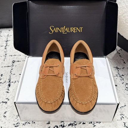 YSL 26S LOAFERS IN CAMEL SUEDE & CALFSKIN WITH HORIZONTAL STRAP