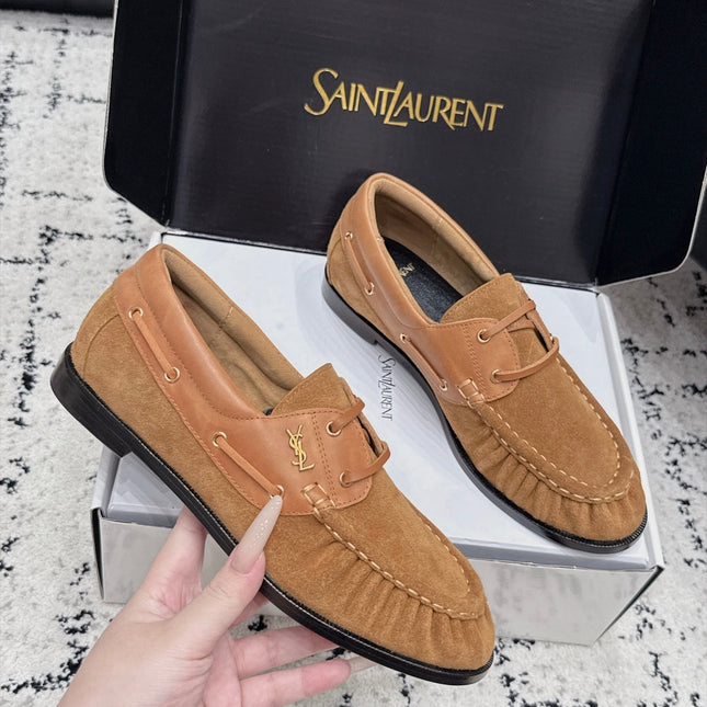 YSL 26S LOAFERS IN CAMEL SUEDE & CALFSKIN WITH HORIZONTAL STRAP