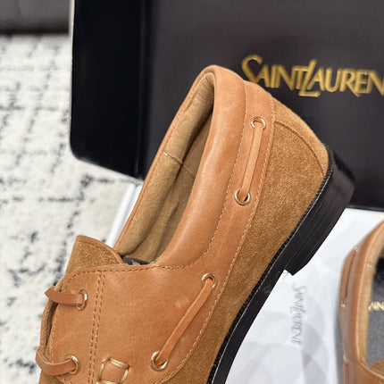 YSL 26S LOAFERS IN CAMEL SUEDE & CALFSKIN WITH HORIZONTAL STRAP