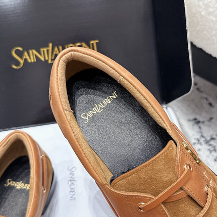 YSL 26S LOAFERS IN CAMEL SUEDE & CALFSKIN WITH HORIZONTAL STRAP