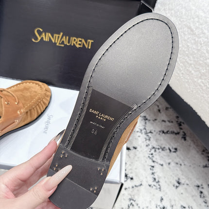 YSL 26S LOAFERS IN CAMEL SUEDE & CALFSKIN WITH HORIZONTAL STRAP