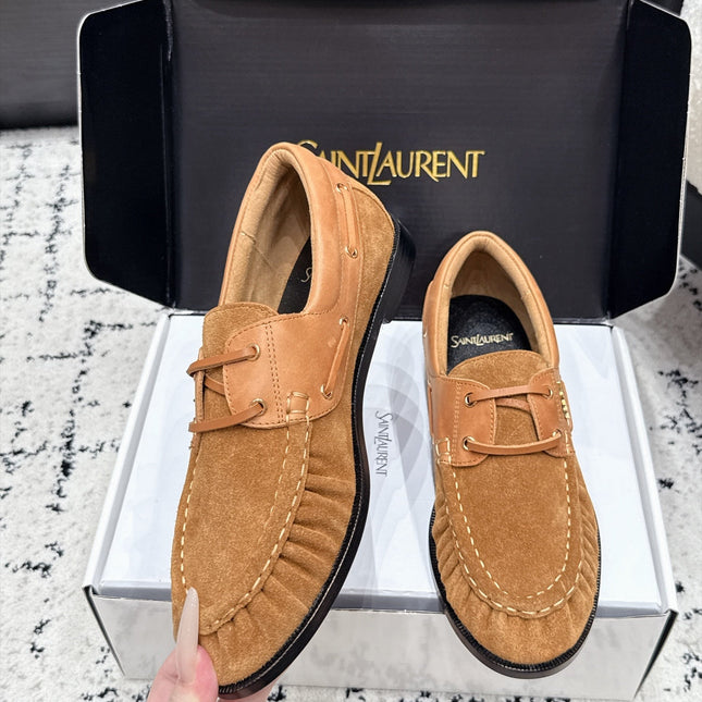 YSL 26S LOAFERS IN CAMEL SUEDE & CALFSKIN WITH HORIZONTAL STRAP