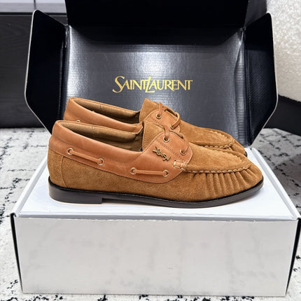 YSL 26S LOAFERS IN CAMEL SUEDE & CALFSKIN WITH HORIZONTAL STRAP