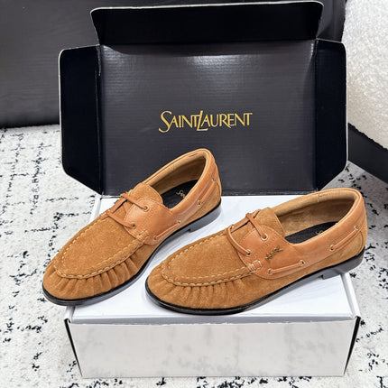 YSL 26S LOAFERS IN CAMEL SUEDE & CALFSKIN WITH HORIZONTAL STRAP