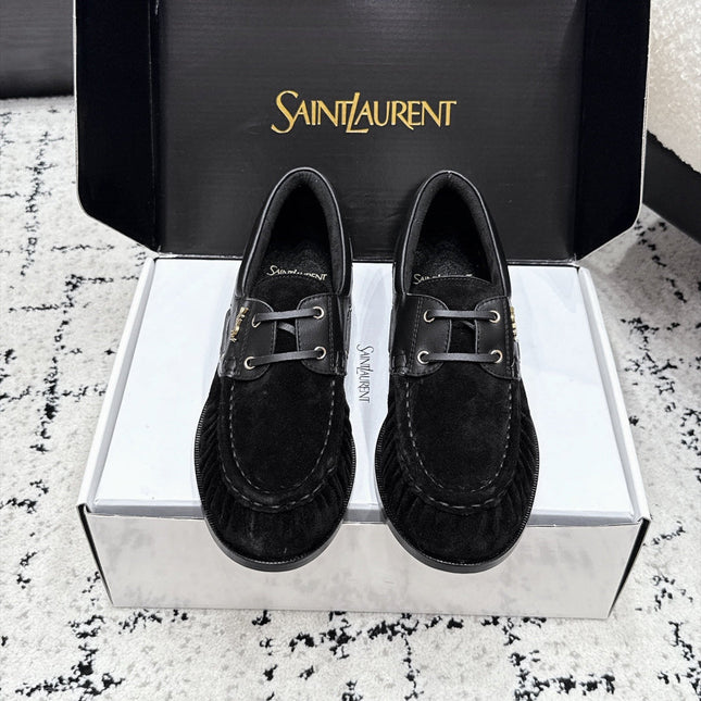 YSL 26S LOAFERS IN BLACK SUEDE & CALFSKIN WITH HORIZONTAL STRAP