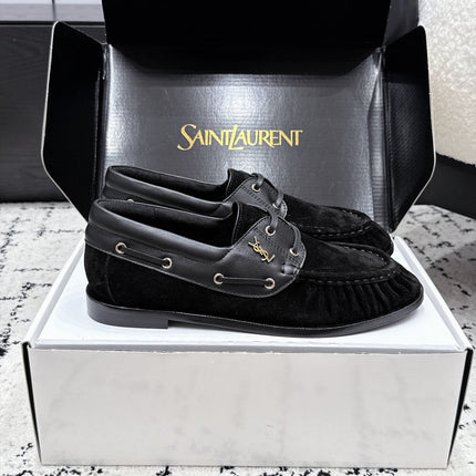 YSL 26S LOAFERS IN BLACK SUEDE & CALFSKIN WITH HORIZONTAL STRAP