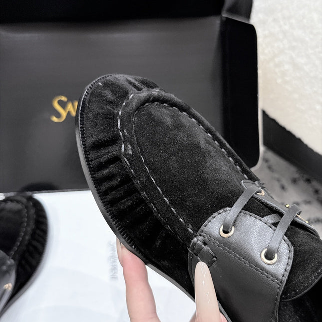 YSL 26S LOAFERS IN BLACK SUEDE & CALFSKIN WITH HORIZONTAL STRAP