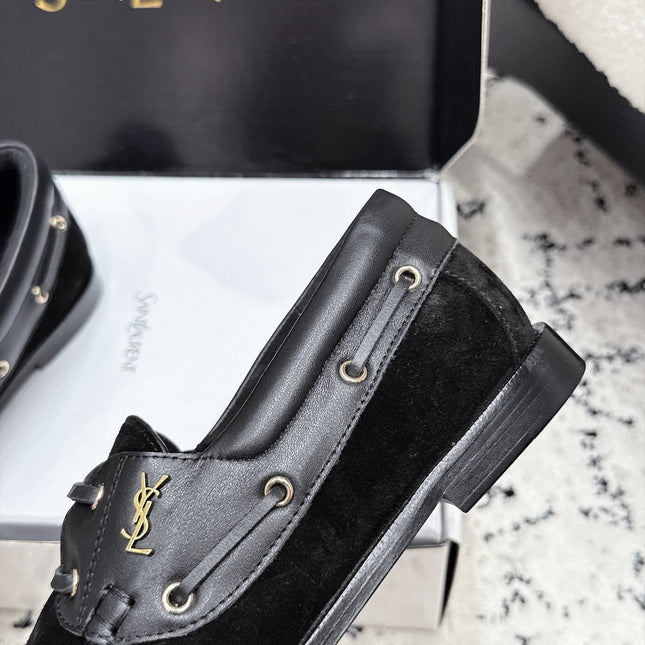 YSL 26S LOAFERS IN BLACK SUEDE & CALFSKIN WITH HORIZONTAL STRAP