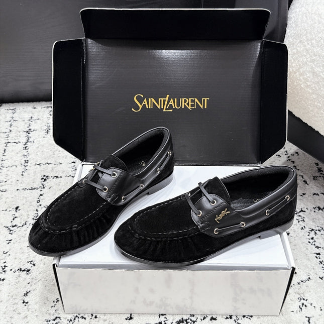 YSL 26S LOAFERS IN BLACK SUEDE & CALFSKIN WITH HORIZONTAL STRAP