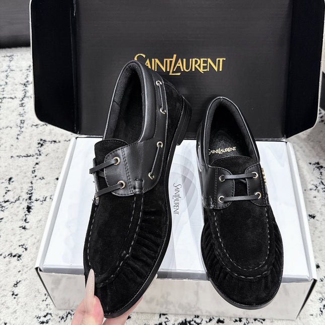 YSL 26S LOAFERS IN BLACK SUEDE & CALFSKIN WITH HORIZONTAL STRAP
