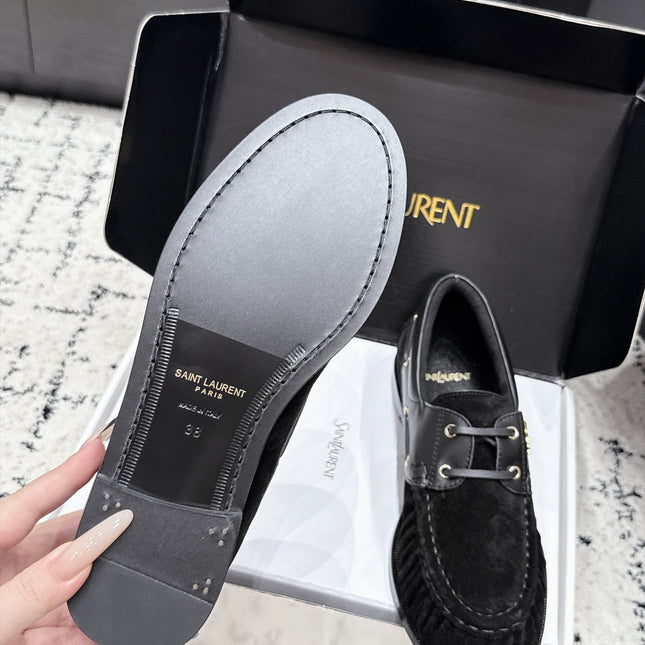 YSL 26S LOAFERS IN BLACK SUEDE & CALFSKIN WITH HORIZONTAL STRAP