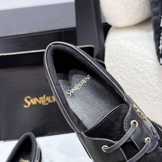 YSL 26S LOAFERS IN BLACK SUEDE & CALFSKIN WITH HORIZONTAL STRAP