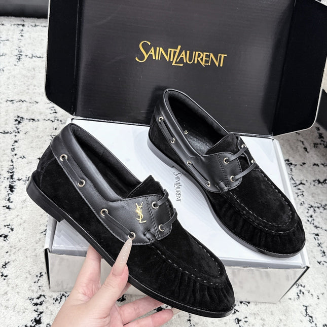 YSL 26S LOAFERS IN BLACK SUEDE & CALFSKIN WITH HORIZONTAL STRAP