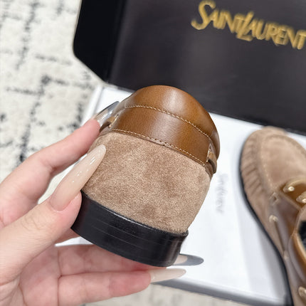 YSL 26S LOAFERS IN NUDE BROWN SUEDE & CALFSKIN WITH HORIZONTAL STRAP