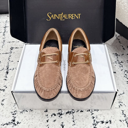 YSL 26S LOAFERS IN NUDE BROWN SUEDE & CALFSKIN WITH HORIZONTAL STRAP
