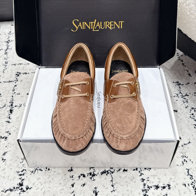 YSL 26S LOAFERS IN NUDE BROWN SUEDE & CALFSKIN WITH HORIZONTAL STRAP