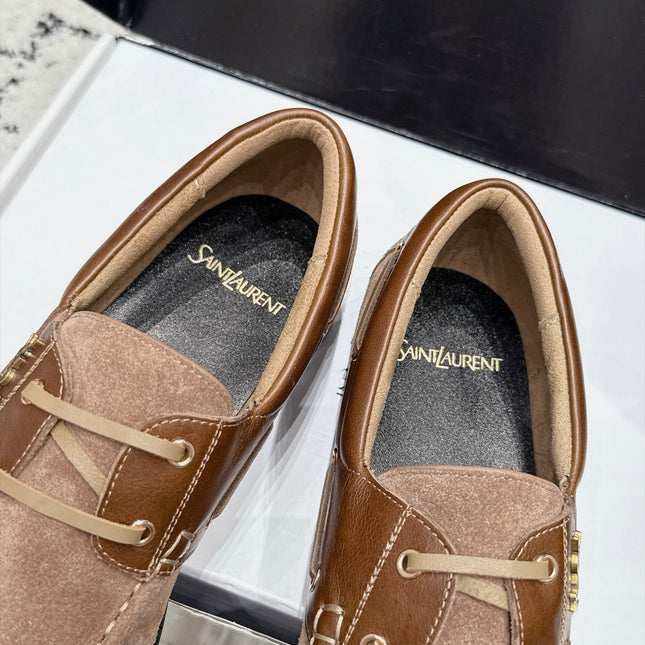 YSL 26S LOAFERS IN NUDE BROWN SUEDE & CALFSKIN WITH HORIZONTAL STRAP