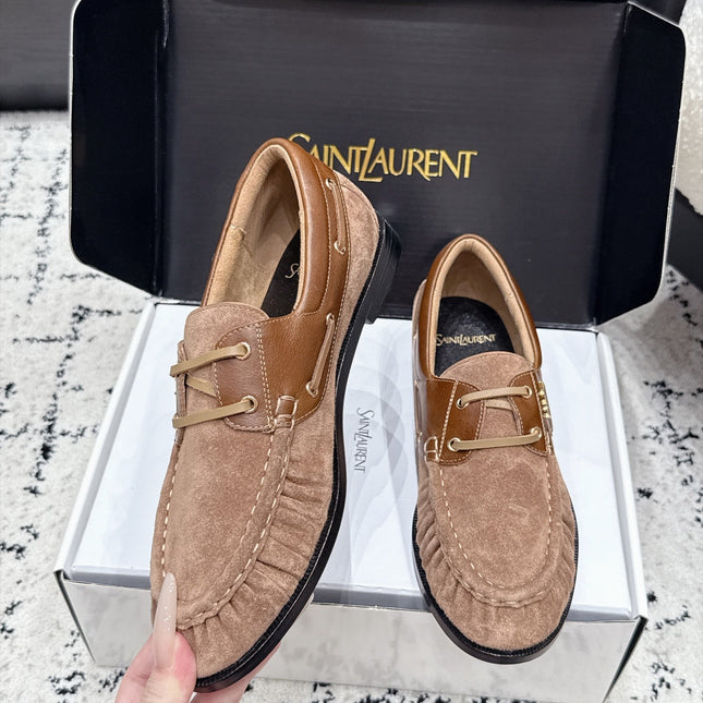 YSL 26S LOAFERS IN NUDE BROWN SUEDE & CALFSKIN WITH HORIZONTAL STRAP
