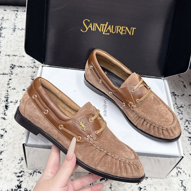 YSL 26S LOAFERS IN NUDE BROWN SUEDE & CALFSKIN WITH HORIZONTAL STRAP