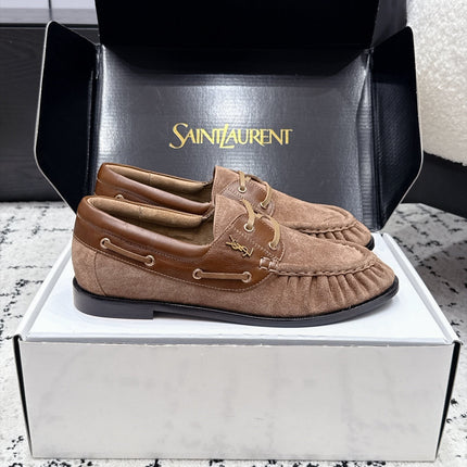 YSL 26S LOAFERS IN NUDE BROWN SUEDE & CALFSKIN WITH HORIZONTAL STRAP
